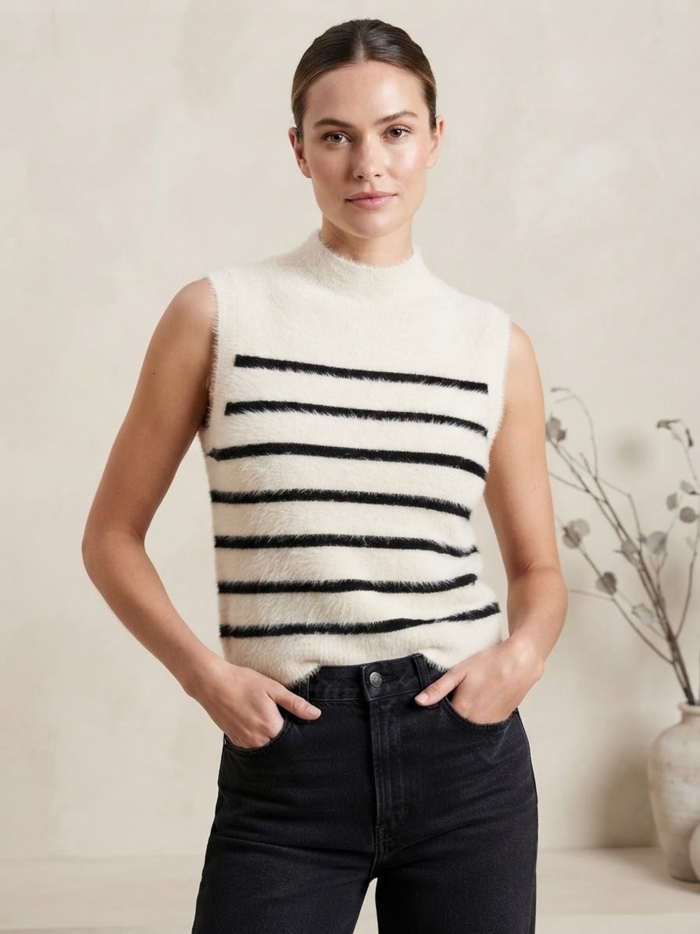 Bailey 44 White Sleeveless Fuzzy Sweater Vest with Black Stripes